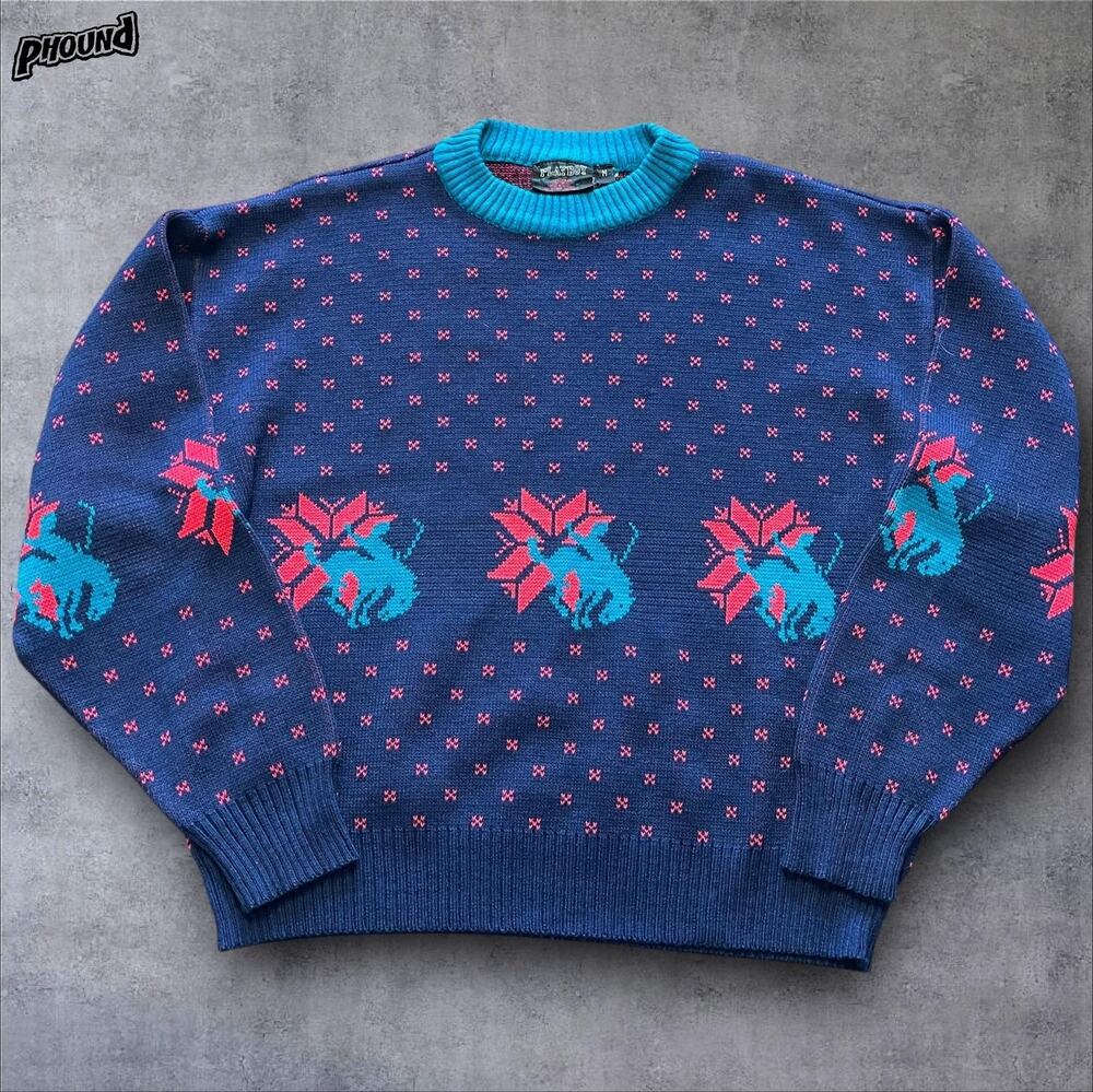 Vintage Playboy Sweater Mens Medium Blue Cat Graphic Novelty Knit Pullover 80s
